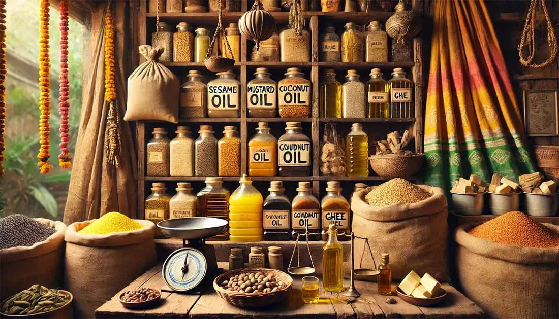 Bottle of Groundnut Oil surrounded by nuts and baskets